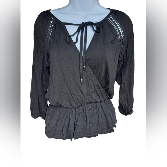 New GYPSY 05 Surplice Tie-Neck Raglan 3/4 Sleeve Elastic Waist Top Black Sz S - Picture 1 of 7